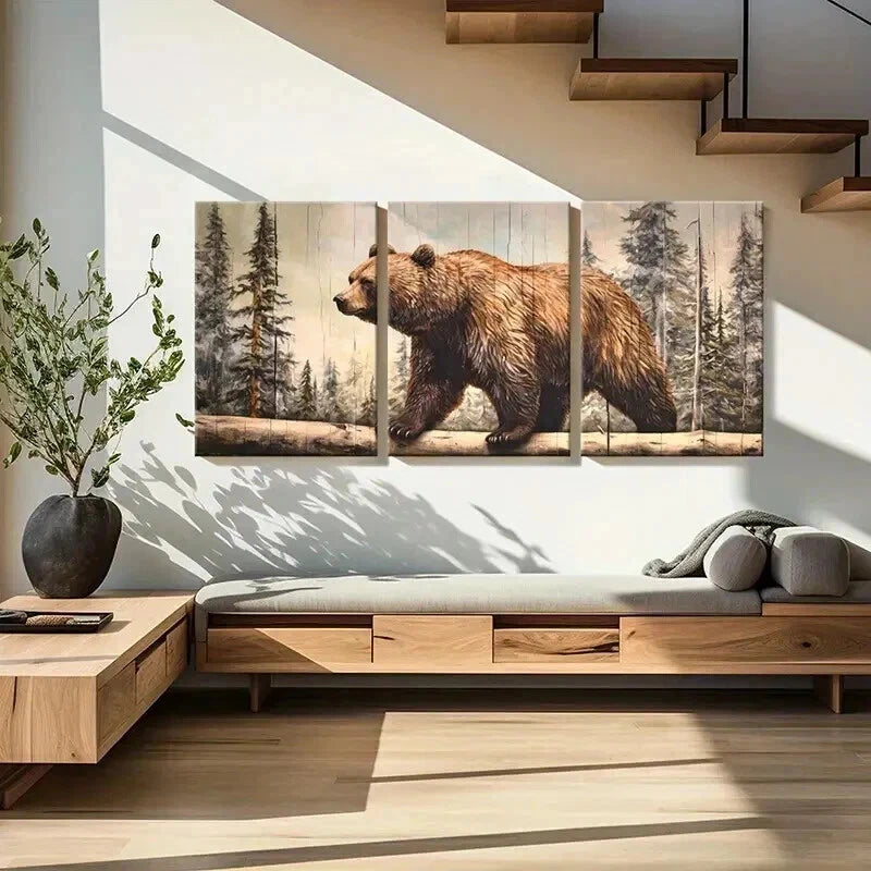 3pcs Forest Bear Landscape Wildlife Artwork Wall Art Set Canvas Framed 40x60cm - High Quality Print 100% Australian Made Wall Canvas Ready to Hang