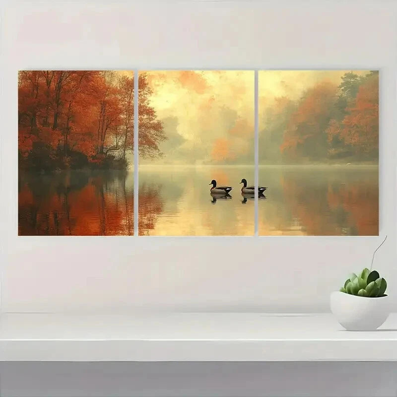 3pcs Abstract Lakeside Landscape with Ducks Metal Print Ready to Hang Art