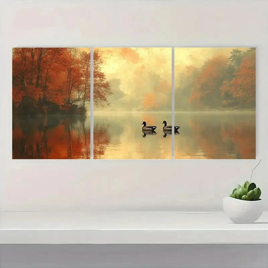 3pcs Abstract Lakeside Landscape with Ducks Metal Print Ready to Hang Art