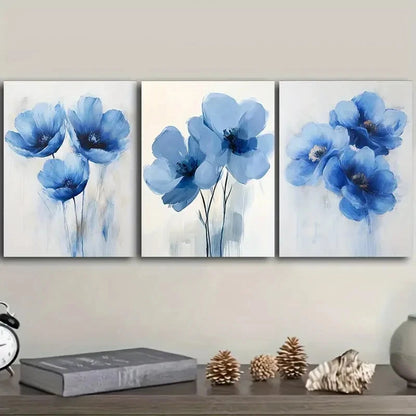 3pcs Blue Flowers In White Background Floral Metal Print Ready to Hang Art
