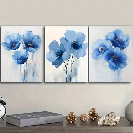 3pcs Blue Flowers In White Background Floral Metal Print Ready to Hang Art