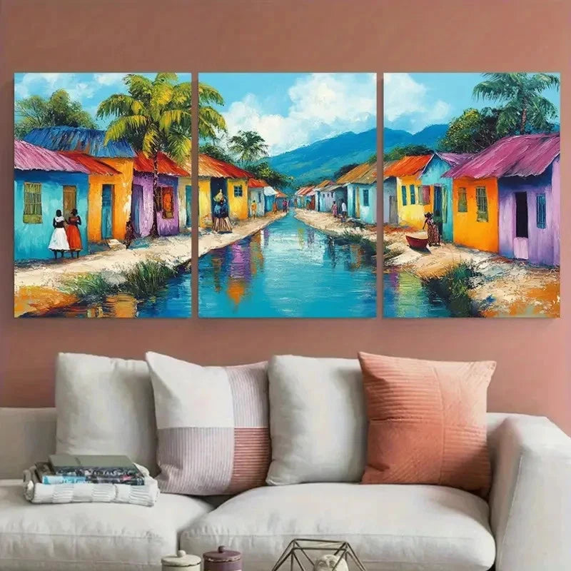 3pcs Vibrant Haiti Street Scene Bassin Bleu Travel Metal Print Ready to Hang Art