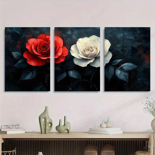 3pcs Vintage Red & White Roses Gray Leaves Metal Print Ready to Hang Art