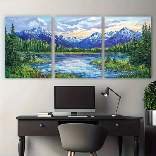 3pcs Mountain and River Landscape Forest Impasto Metal Print Ready to Hang Art