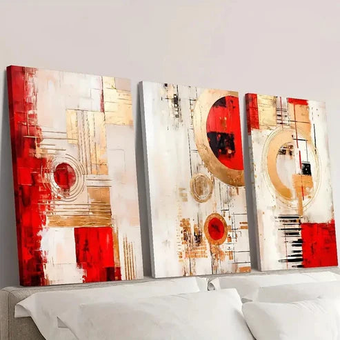 3pcs Red Abstract Geometry, Modern Wall Art Set Canvas Unframed - High Quality Print 100% Australian Made Wall Canvas