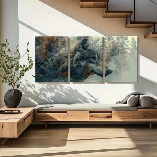 3pcs Wolf Profile Artwork Wildlife Scene Forest Wall Art Set Canvas Framed 40x60cm - High Quality Print 100% Australian Made Wall Canvas Ready to Hang
