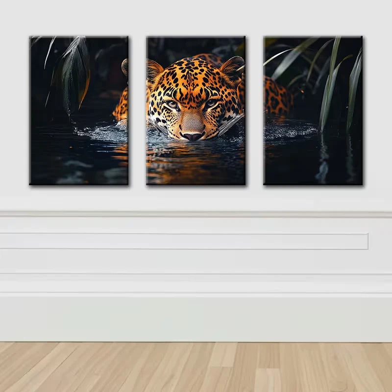 3pcs Luxurious Swimming Leopard Wall Art Set Canvas Framed 50x70cm - High Quality Print 100% Australian Made Wall Canvas Ready to Hang