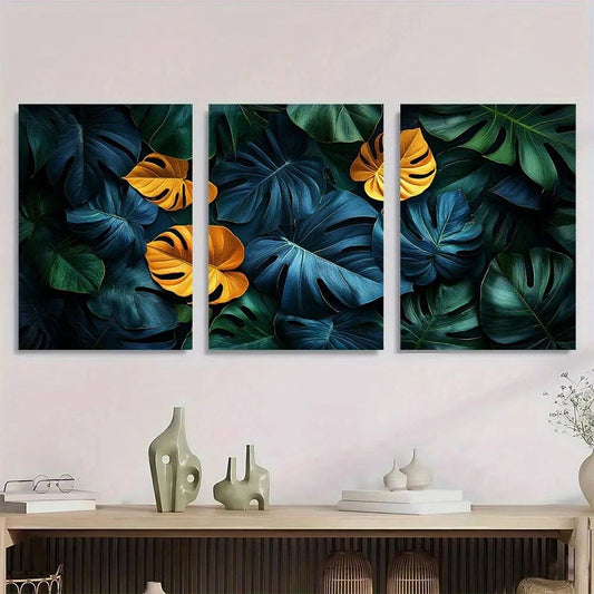 3pcs Tropical Leaf Green & Yellow Monstera Metal Print Ready to Hang Art