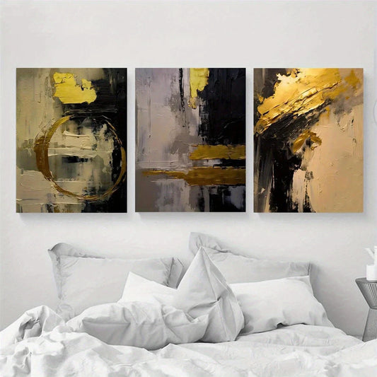 3pcs Golden and Black Abstract Metal Print Ready to Hang Art
