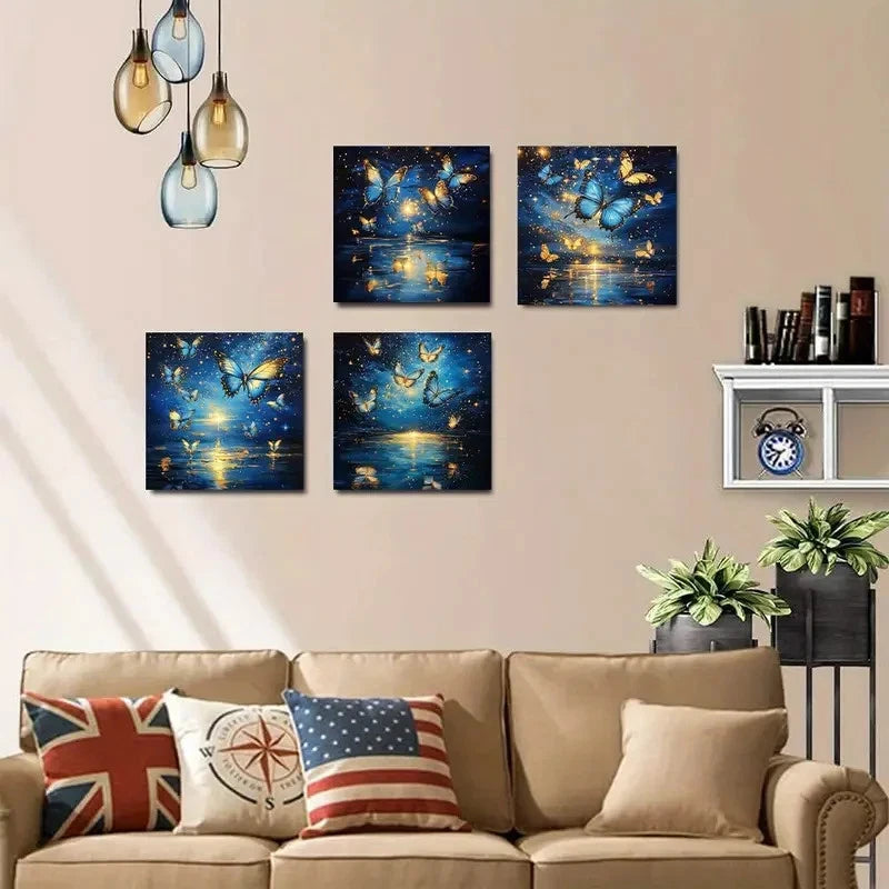 4pcs Blue & Golden ButterflyWall Art Canvas Framed