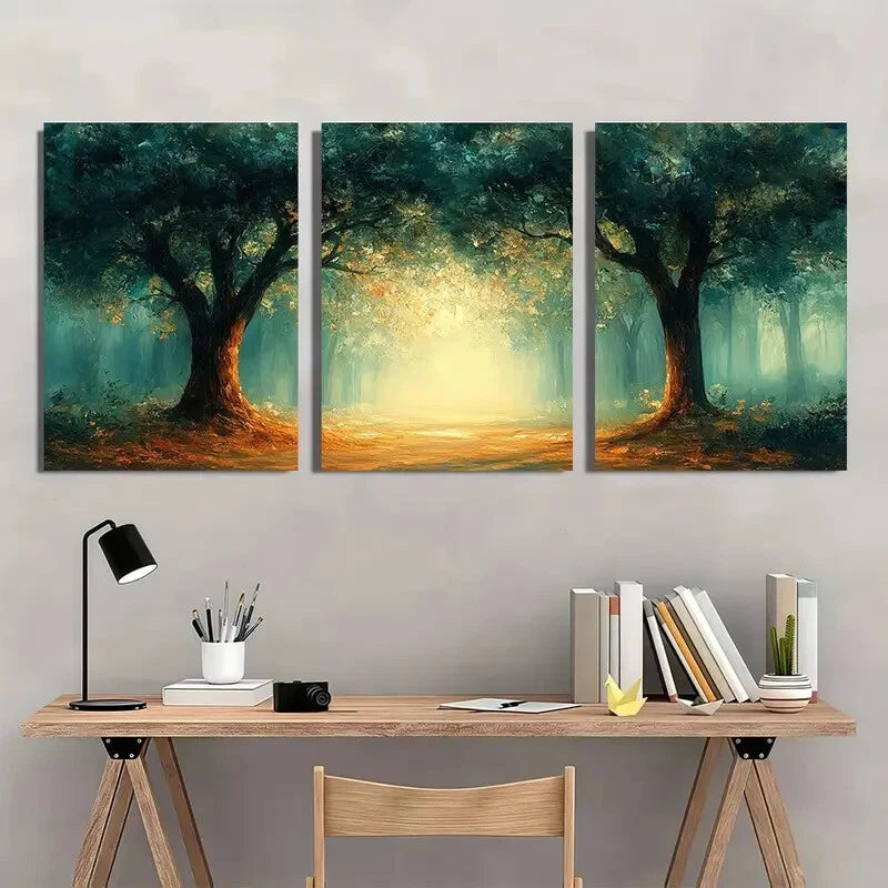 3pcs Abstract Forest Painting with Green Golden Metal Print Ready to Hang Art