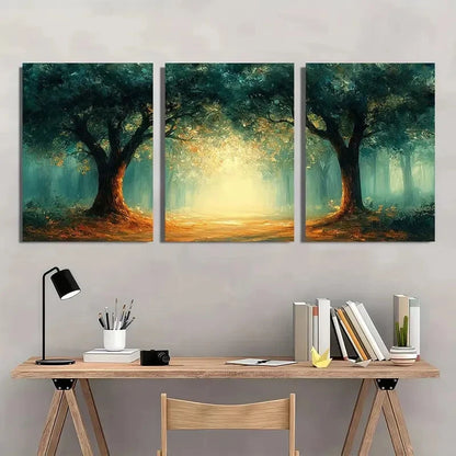 3pcs Abstract Forest Painting with Green Golden Metal Print Ready to Hang Art