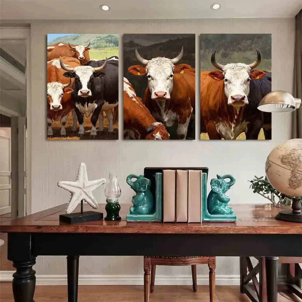 3pcs Rustic Bull Trio Vibrant Animal Themed Metal Print Ready to Hang Art