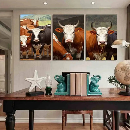 3pcs Rustic Bull Trio Vibrant Animal Themed Metal Print Ready to Hang Art