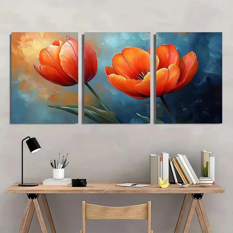 3pcs Vibrant Orange & Red Tulips with Sunset Metal Print Ready to Hang Art