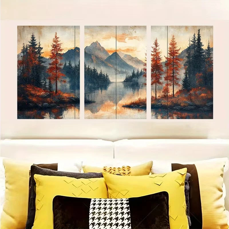 3pcs Vibrant Sunset & Mountain Scenery Metal Print Ready to Hang Art