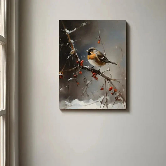 Canvas print of a bird on a branch with berries hanging on a wall.