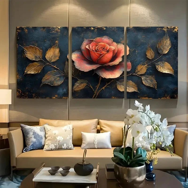3pcs Surreal Velvet Rose Design Metal Print Ready to Hang Art