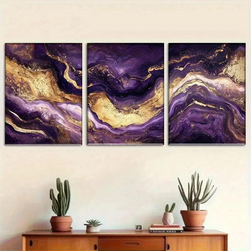 3pcs Elegant Purple Golden & Black Marble Design Metal Print Ready to Hang Art