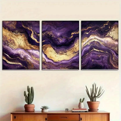 3pcs Elegant Purple Golden & Black Marble Design Metal Print Ready to Hang Art