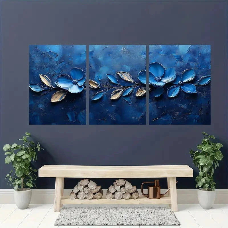 3pcs Featuring Vibrant Blue Flowers and Leaves Metal Print Ready to Hang Art