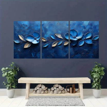 3pcs Featuring Vibrant Blue Flowers and Leaves Metal Print Ready to Hang Art