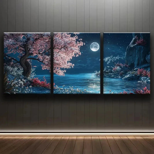 3pcs Pink Blossom Tree and Moon Landscape Metal Print Ready to Hang Art