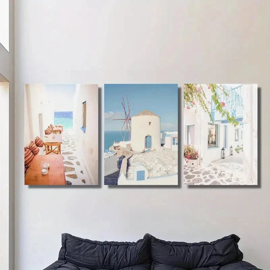 3pcs Santorini Trails Old Greek Windmills Metal Print Ready to Hang Art