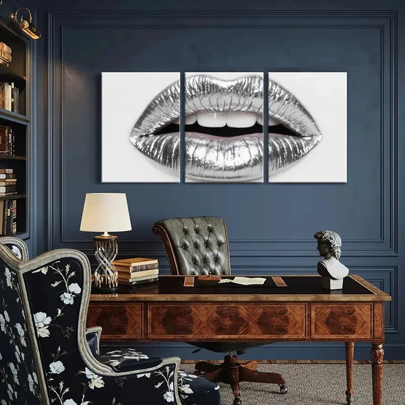 3pcs Silvery Metallic Lips Art Glamorous Design Metal Print Ready to Hang Art