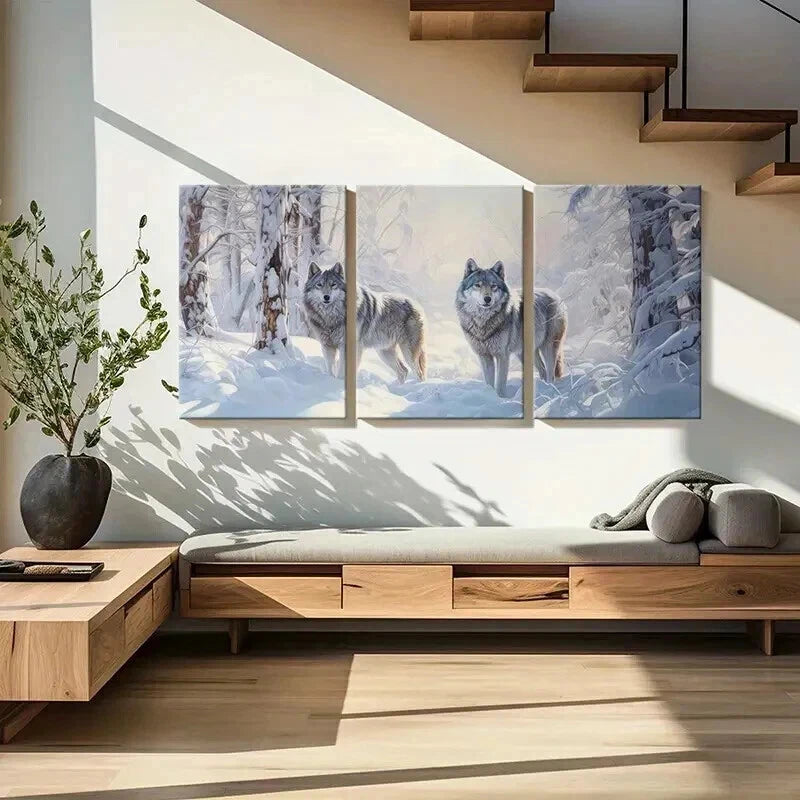 3pcs Winter Wolves Snowy Forest Majestic Wall Art Set Canvas Framed 40x60cm - High Quality Print 100% Australian Made Wall Canvas Ready to Hang