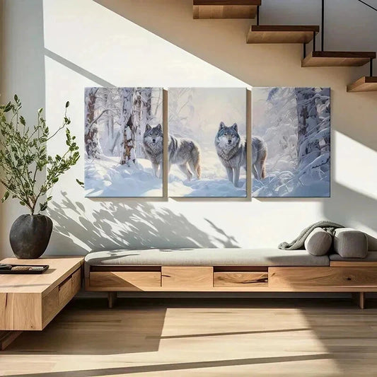 3pcs Winter Wolves Snowy Forest Majestic Wall Art Set Canvas Framed 40x60cm - High Quality Print 100% Australian Made Wall Canvas Ready to Hang