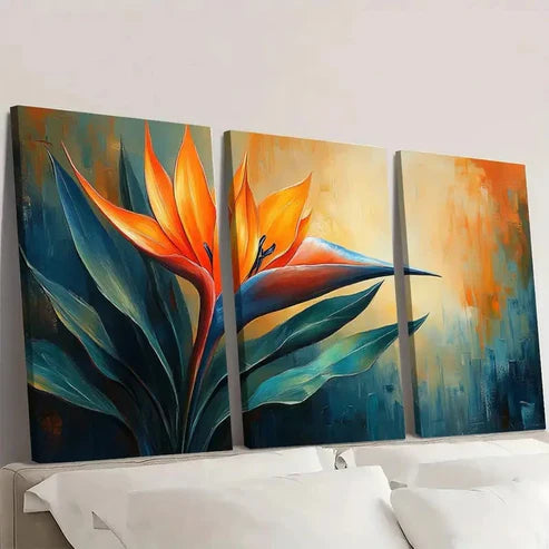 3pcs Bird of Paradise Plant Painting Orange PO Wall Art Set Canvas Unframed - High Quality Print 100% Australian Made Wall Canvas