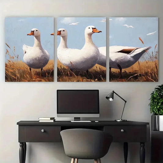 3pcs White Geese Farmhouse Animal Wall Art Set Canvas Framed 50x70cm - High Quality Print 100% Australian Made Wall Canvas Ready to Hang