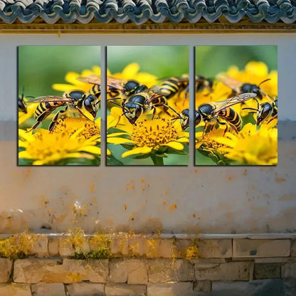 3pcs Group of Wasps on Yellow flowers Metal Print Ready to Hang Art