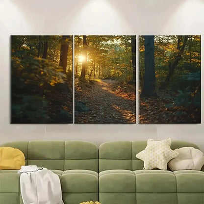 3pcs Golden Light Filtering Through Autumn Forest Metal Print Ready to Hang Art