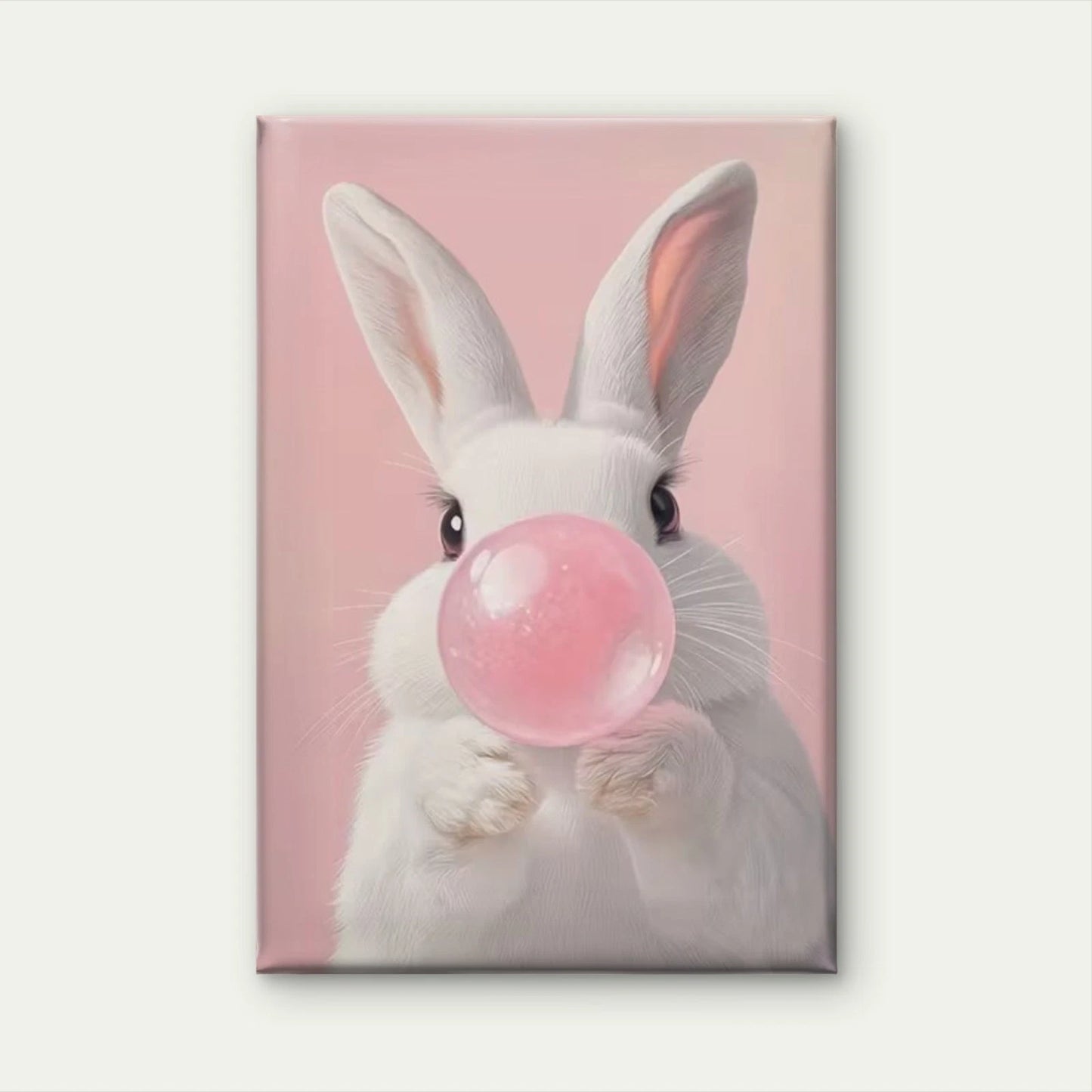 Whimsical White Rabbit Blowing Pink Bubble 60x90cm Metal Print Ready to Hang