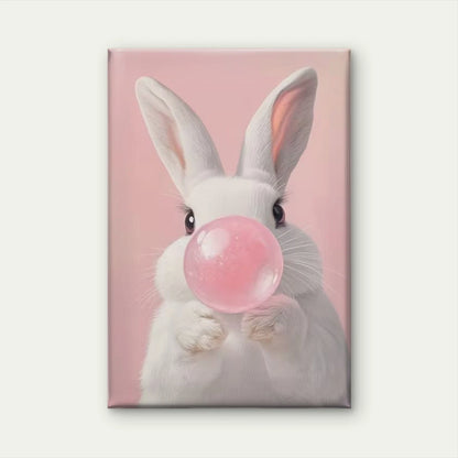 Whimsical White Rabbit Blowing Pink Bubble 60x90cm Metal Print Ready to Hang