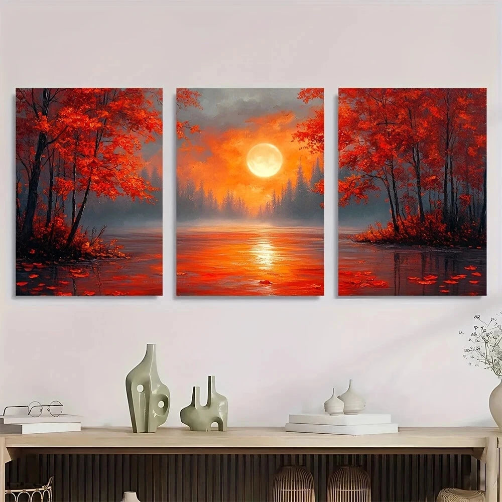 3pcs Autumn Moonlit Forest Vibrant Red Leaves Metal Print Ready to Hang Art