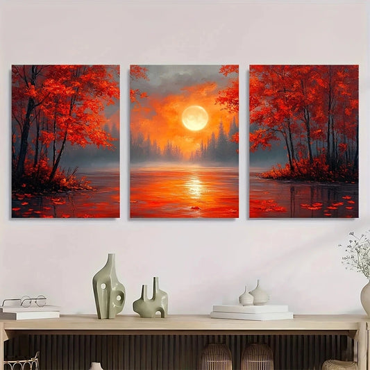 3pcs Autumn Moonlit Forest Vibrant Red Leaves Metal Print Ready to Hang Art