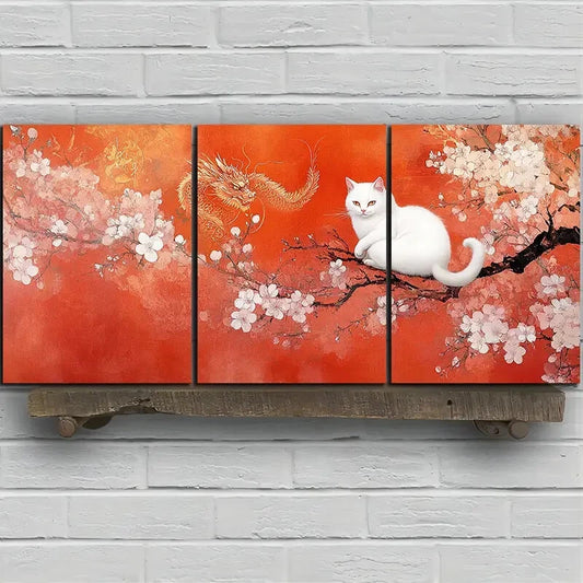 3pcs White Cat On The Cherry Blossom Tree Metal Print Ready to Hang Art