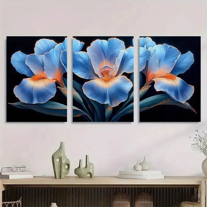 3pcs Purple Irises Green Leaves Dark Background Metal Print Ready to Hang Art