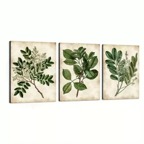 3pcs Abstract Green Leaves Botanical Vintage Wall Art Set Canvas Framed 60x90cm - High Quality Print 100% Australian Made Wall Canvas Ready to Hang