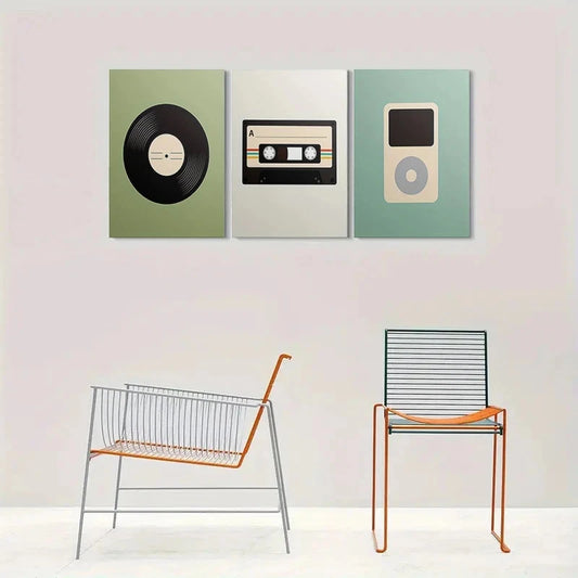 3pcs Vintage Vinyl Record Cassette Tape & iPod Metal Print Ready to Hang Art