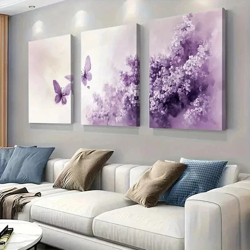 3pcs Purple Lavender Bloom And Butterfly Perfect Wall Art Canvas Unframed – High Quality Print 100% Australian Made Wall Canvas