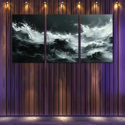 3pcs Stormy Sea Waves Crashing Against Shore Wall Art Set Canvas Framed 40x60cm - High Quality Print 100% Australian Made Wall Canvas Ready to Hang