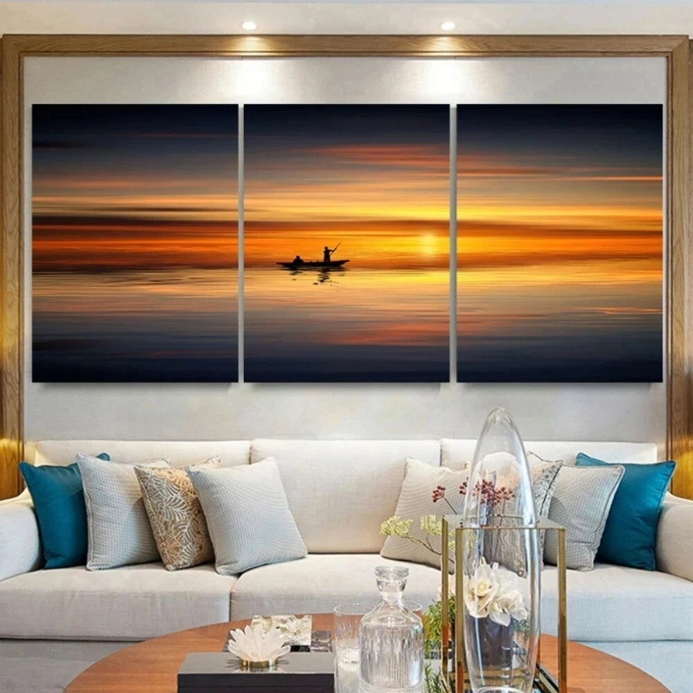 3pcs Sunset Seascape Ocean Silhouette Boat Metal Print Ready to Hang Art