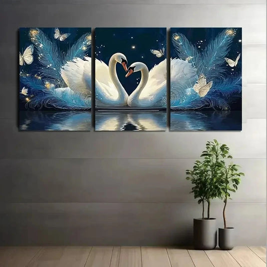 3pcs Romantic Swan Love Painting with Heart-Shape Metal Print Ready to Hang Art