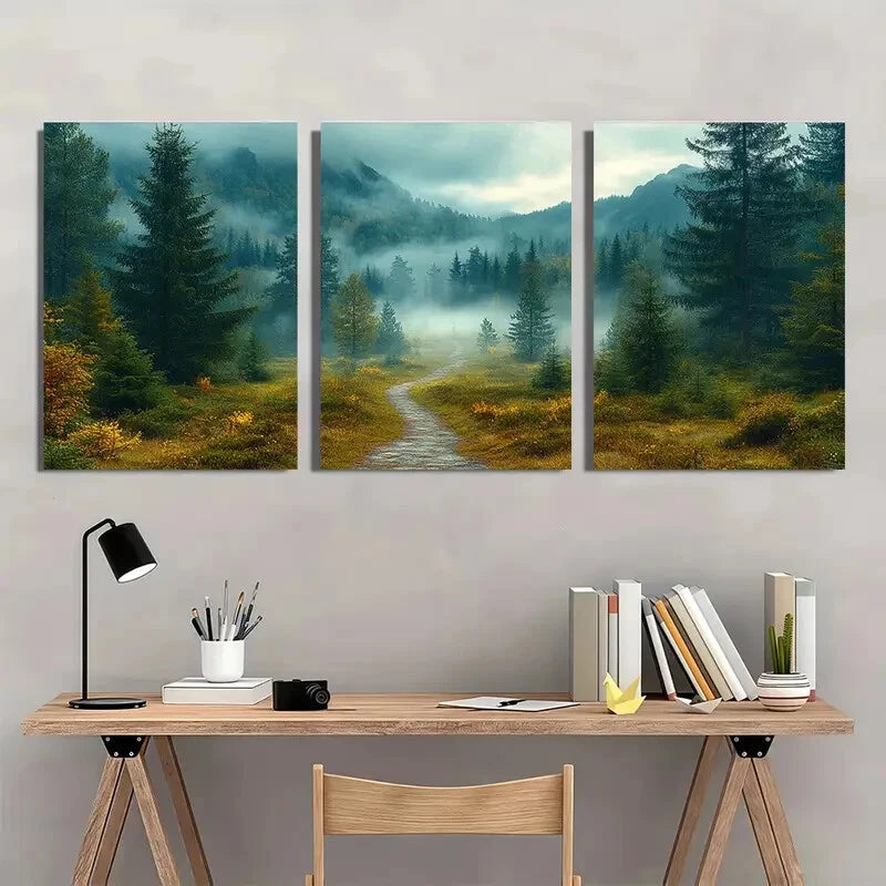 3pcs Mystical Woodland Foggy Trees Landscape Metal Print Ready to Hang Art