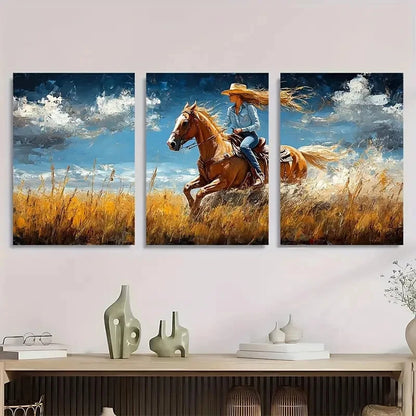 3pcs Western Cowboy and Cowgirl Painting Metal Print Ready to Hang Art