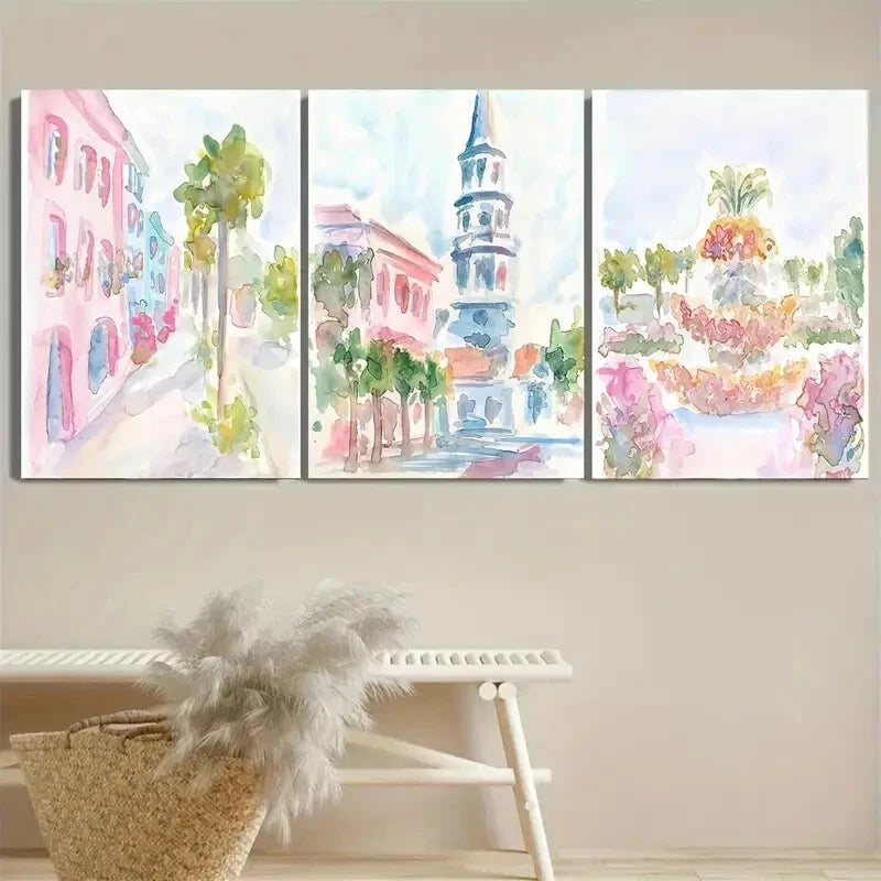 3pcs Charleston South Carolina Pastel Pink Metal Print Ready to Hang Art